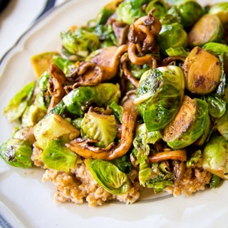 brussel sprouts and oyster mushrooms, reduced balsamic and honey glaze, bulgur wheat bed